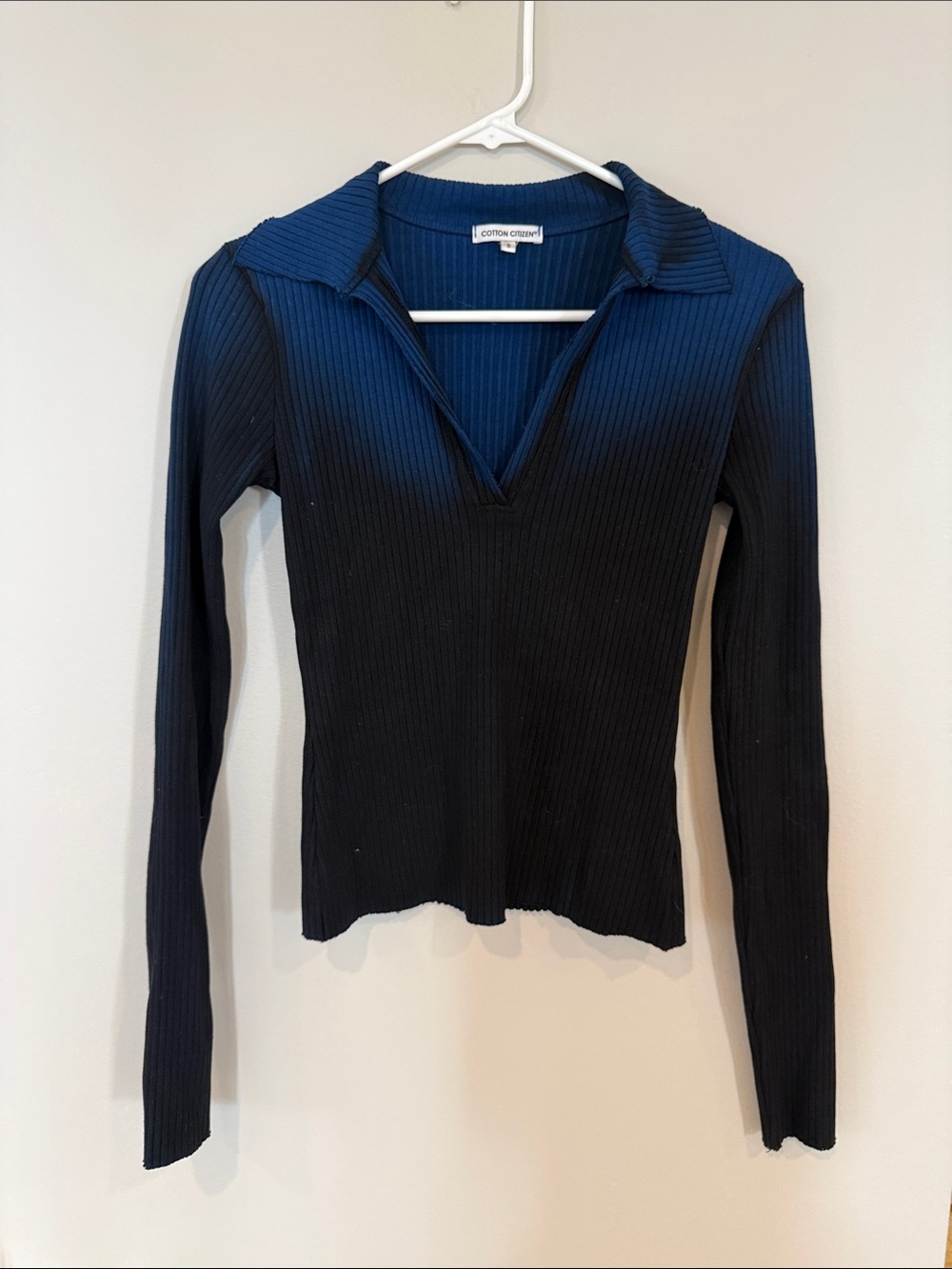 Cotton Citizen Navy & Black Ribbed Collared V-Neck Long Sleeve Top